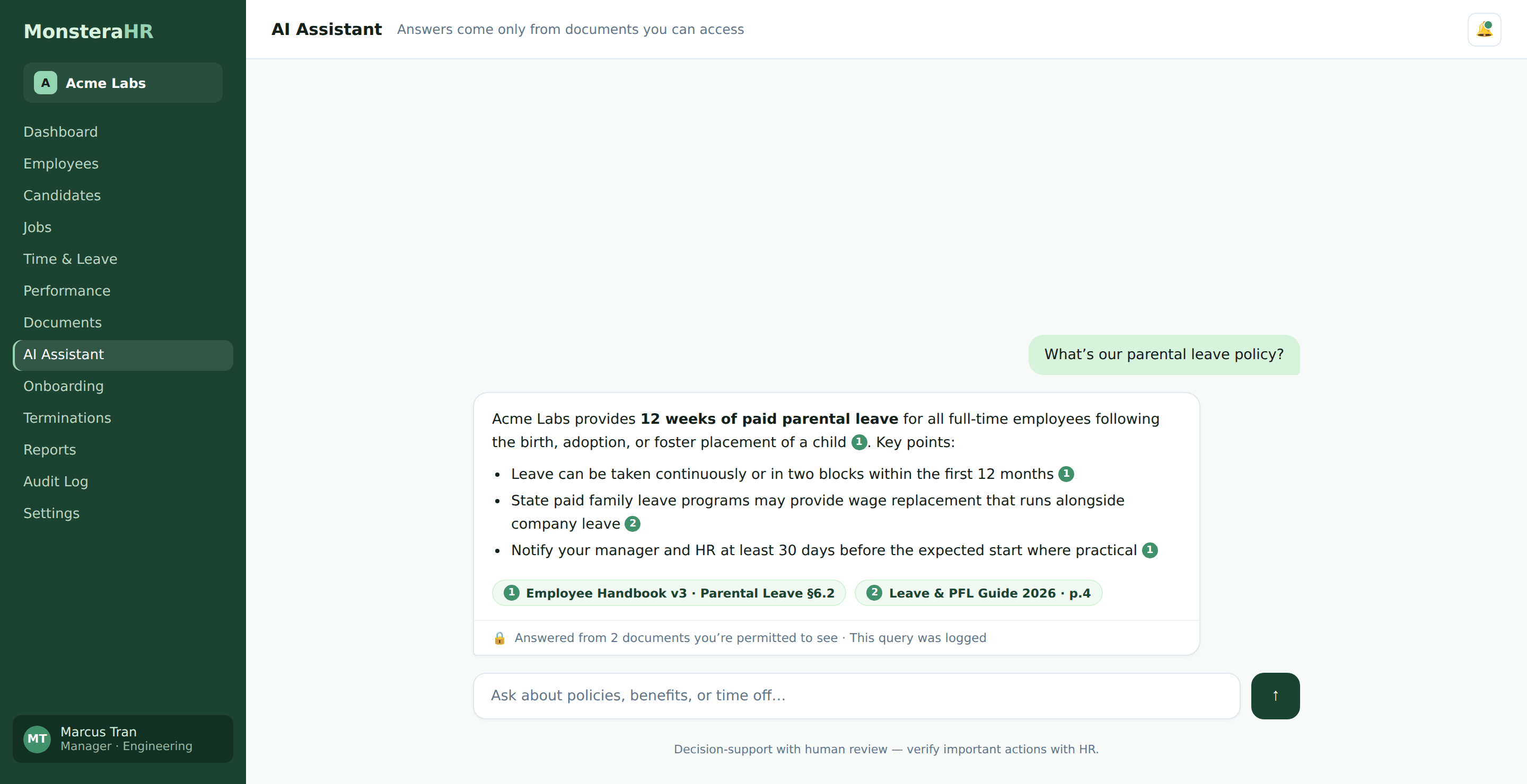 MonsteraHR AI Assistant answering a parental leave question with numbered citations to the employee handbook and a note that answers come only from permitted documents