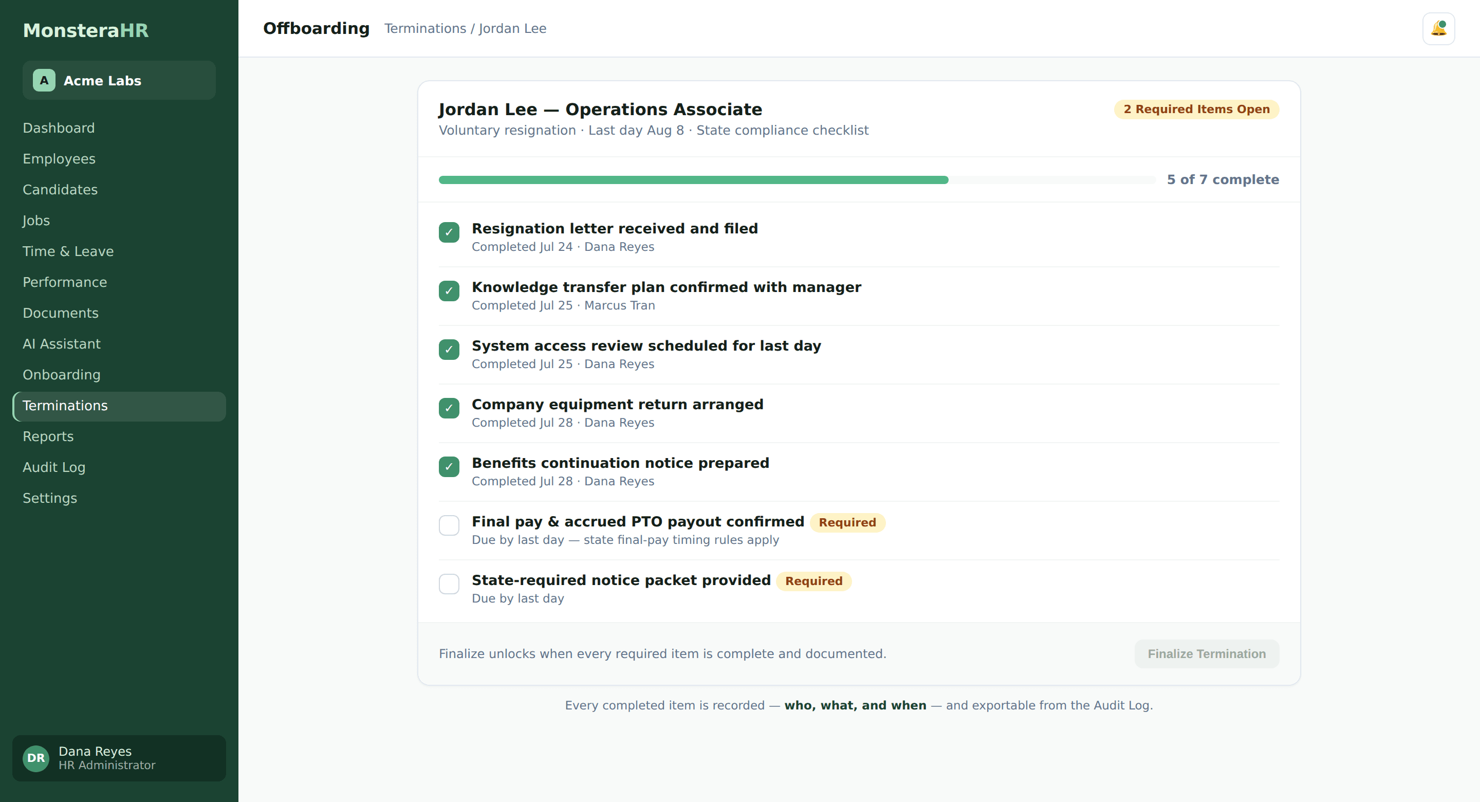MonsteraHR offboarding checklist for a sample employee with five completed items, two required items open, and a disabled Finalize Termination button